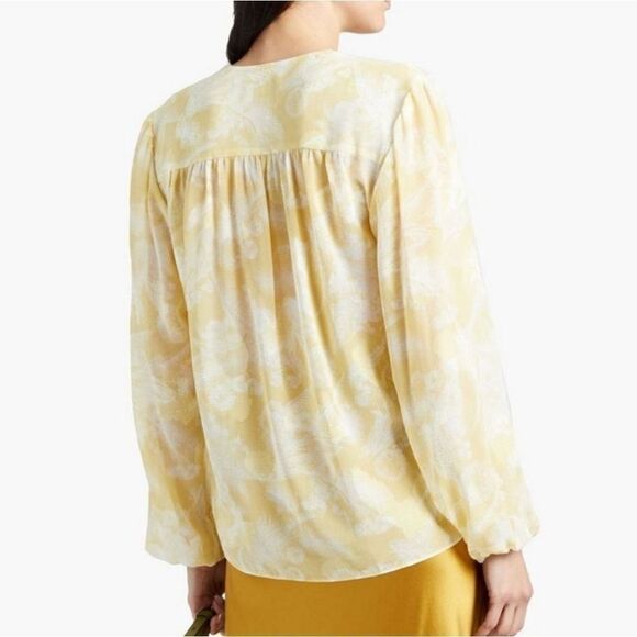 Vince Wheat Pastel Yellow Floral Print Jacquard Long Sleeve Blouse Size L NWT - Picture 2 of 8